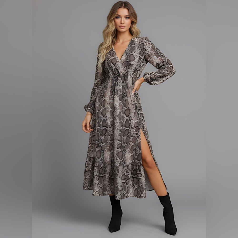 Snakeskin Print Split Thigh Ruffle Hem Dress 50% 0FF